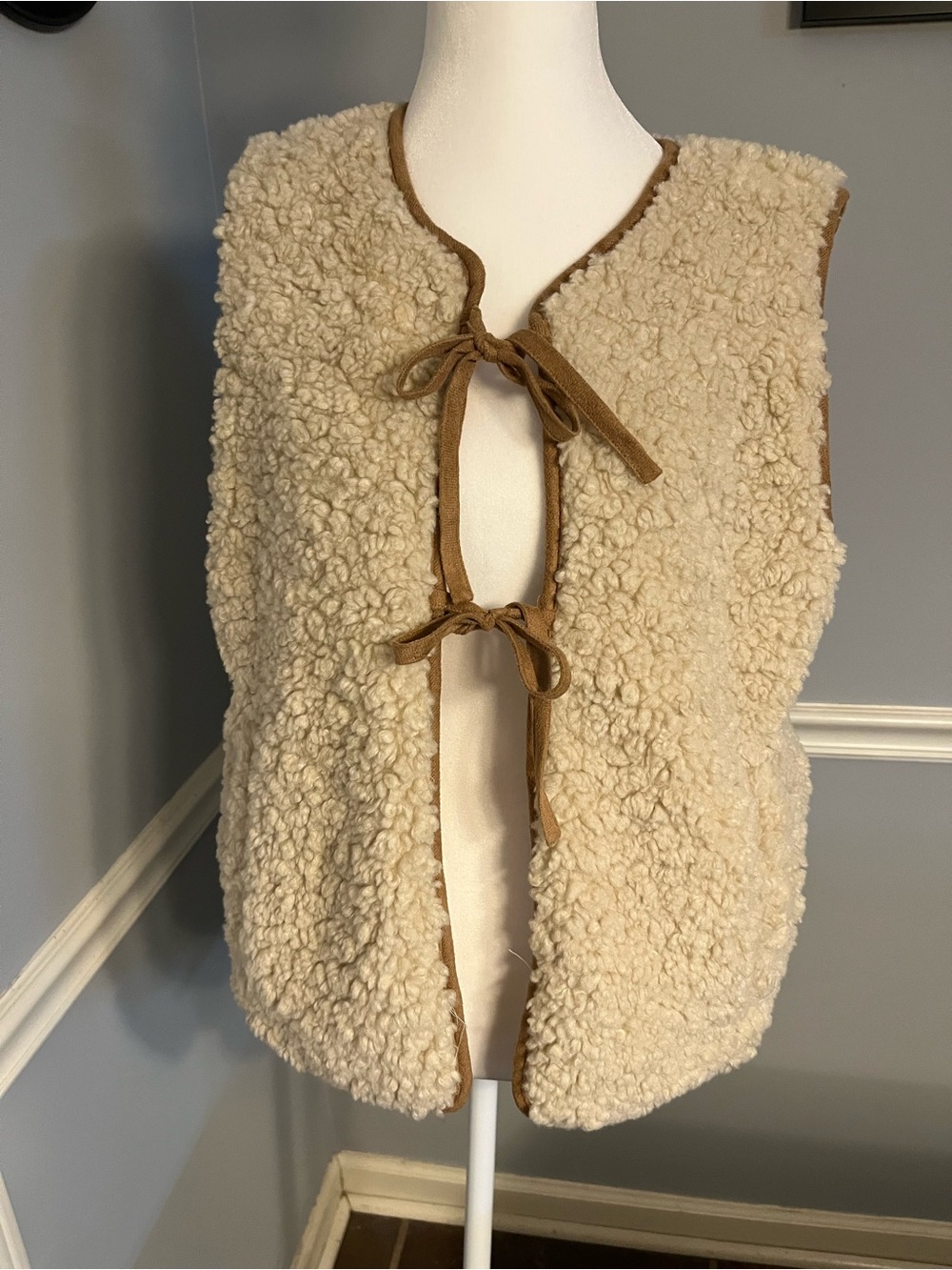 Altar'd State Cream Sherpa Tie-Front Vest with Brown Trim